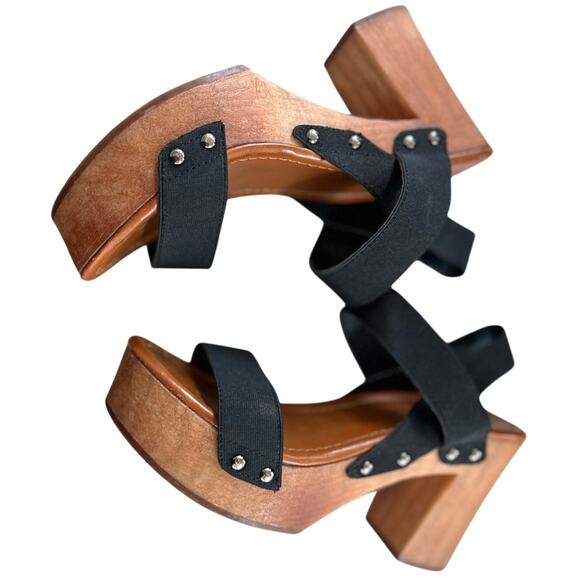 MIA Faux Brown Wood & Black Studded Platform Heeled Sandals - Picture 1 of 7